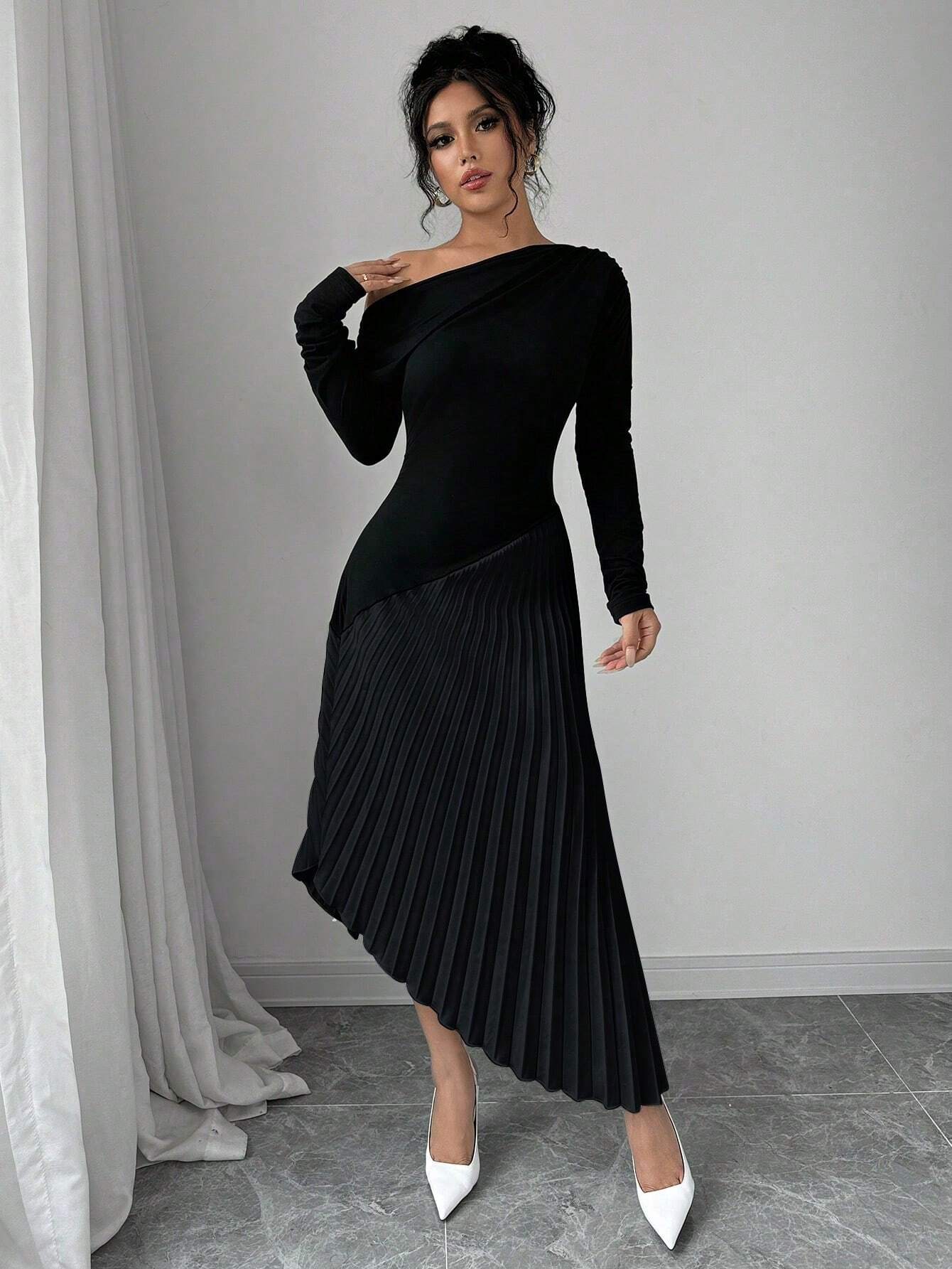 Priv� Elegant Asymmetrical Shoulder Ruffle Long Sleeve Midi Dress