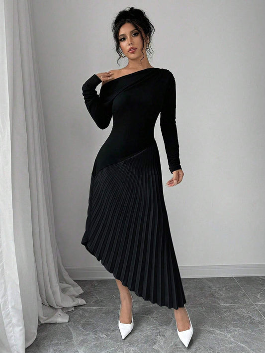 Priv� Elegant Asymmetrical Shoulder Ruffle Long Sleeve Midi Dress