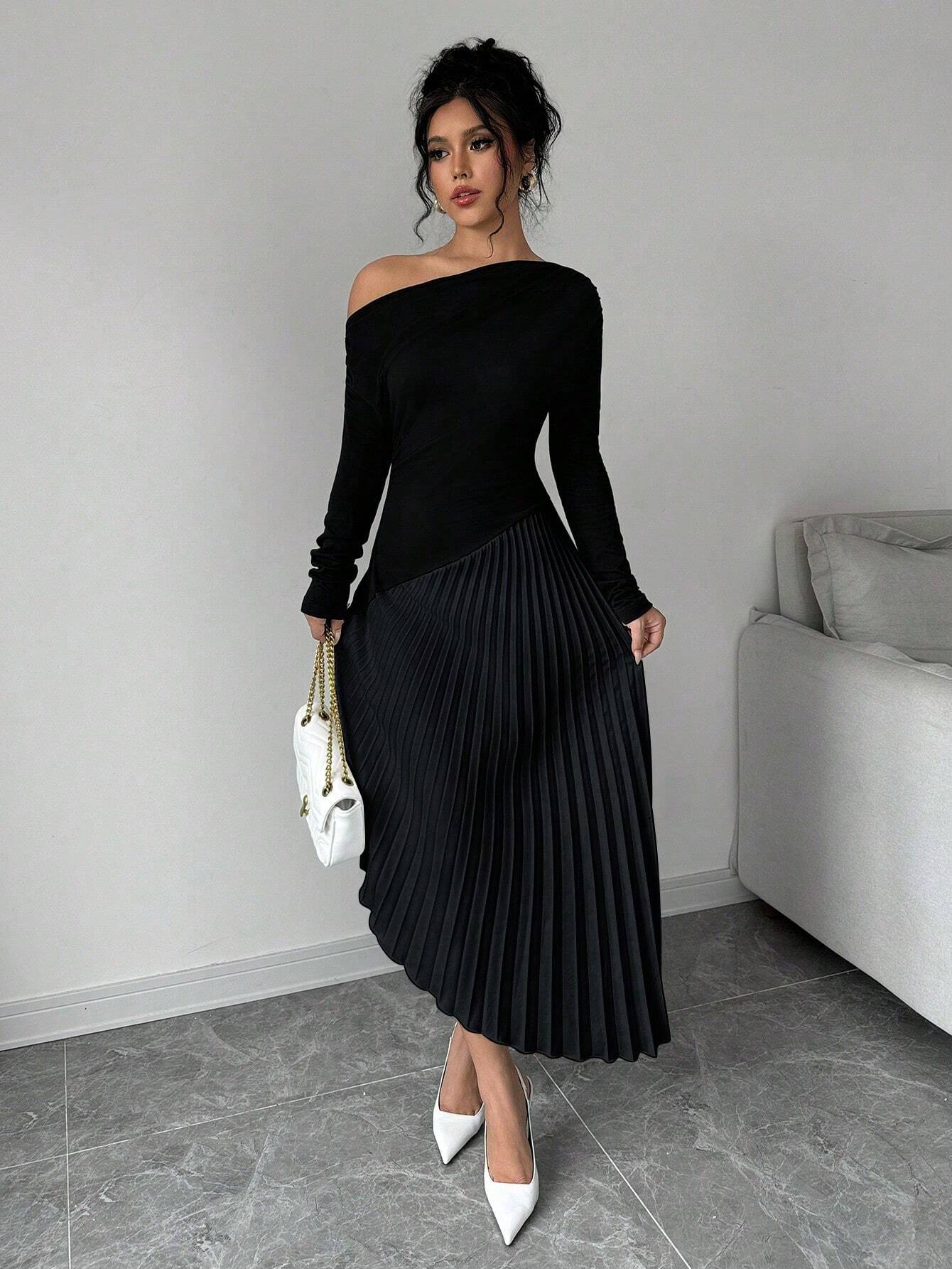 Priv� Elegant Asymmetrical Shoulder Ruffle Long Sleeve Midi Dress