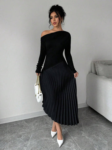 Privé Elegant Asymmetrical Shoulder Ruffle Long Sleeve Midi Dress