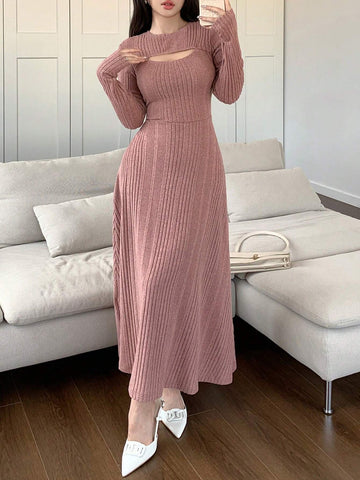 Modely Women Solid Color Round Neck Long Sleeve Casual Mid-Length Dress