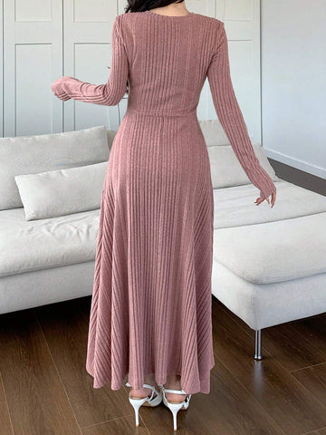 Modely Women Solid Color Round Neck Long Sleeve Casual Mid-Length Dress