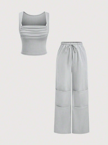 MOOSTA Solid Color Square Neck Pleated Tank Top And Drawstring Waist Pocket Pants