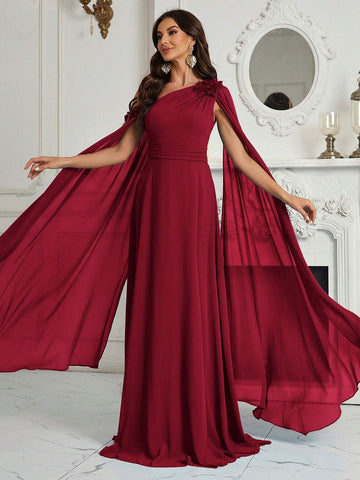 Belle 3D Flower, Chiffon, Asymmetrical Neck Bridesmaid Dress With Graceful Sleeves