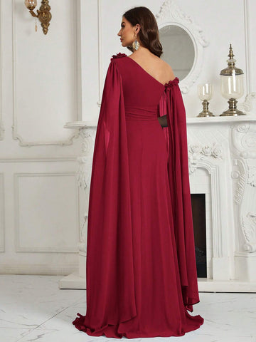 Belle 3D Flower, Chiffon, Asymmetrical Neck Bridesmaid Dress With Graceful Sleeves