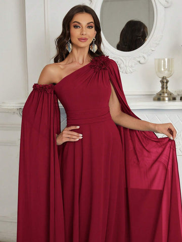 Belle 3D Flower, Chiffon, Asymmetrical Neck Bridesmaid Dress With Graceful Sleeves