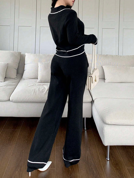 Mulvari 2pcs Women Contrast Color Block Button Front Pocket Long Sleeve Top And Pants Set