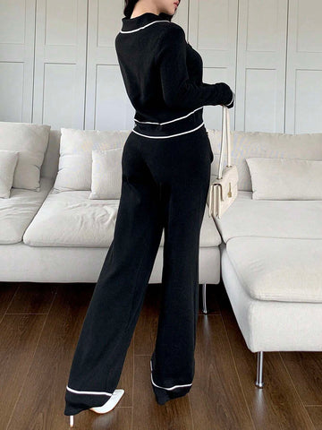 Mulvari 2pcs Women Contrast Color Block Button Front Pocket Long Sleeve Top And Pants Set