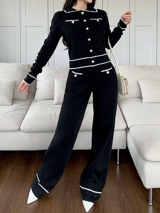 Mulvari 2pcs Women Contrast Color Block Button Front Pocket Long Sleeve Top And Pants Set