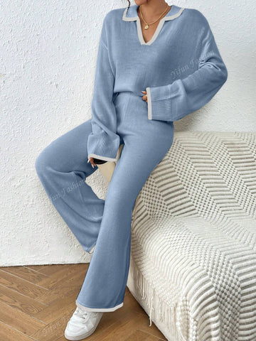 2pcs Spring/Fall Casual Color Block Trim Knitted Sweater Pants Set