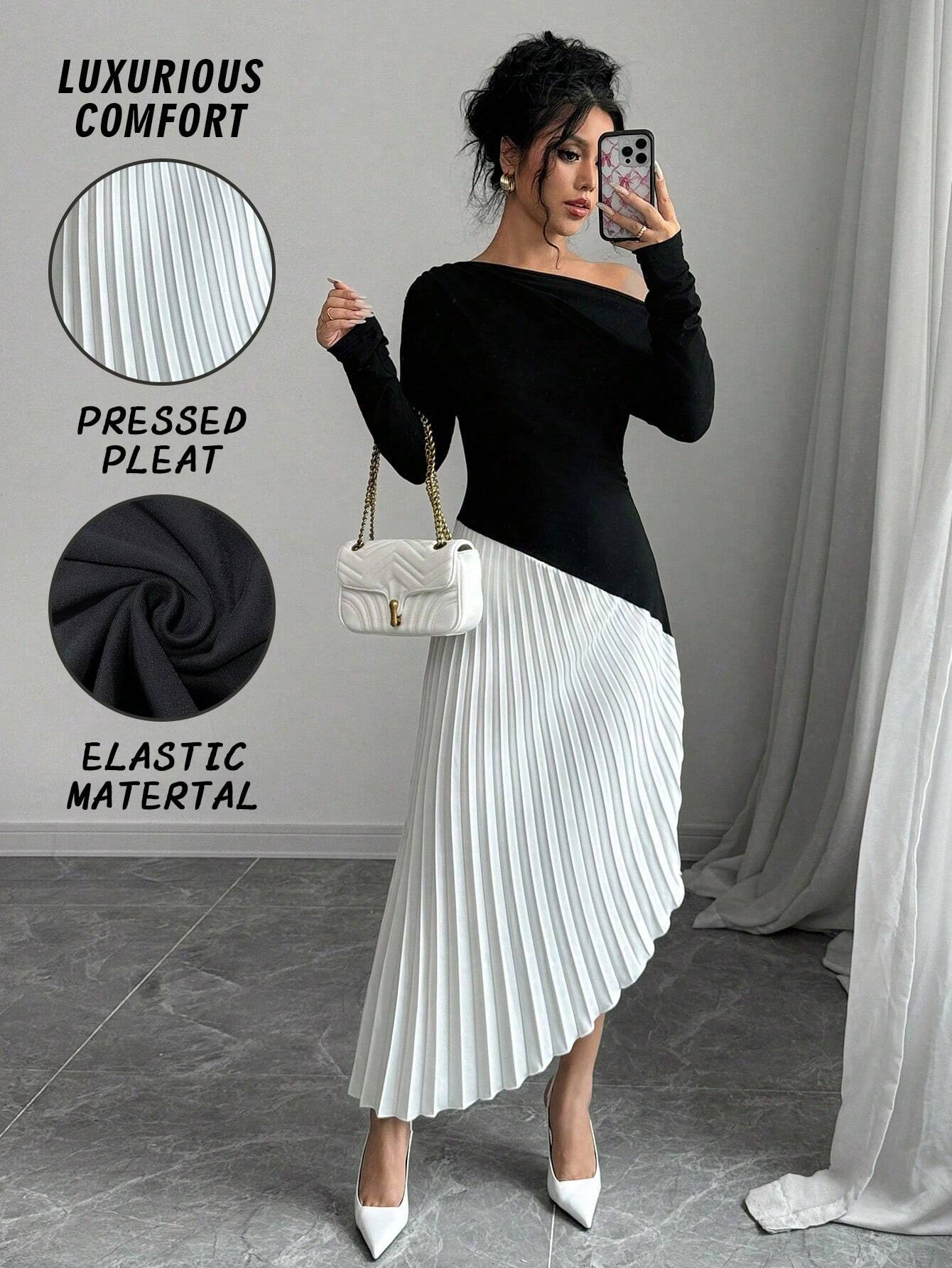 Priv� Elegant Asymmetrical Shoulder Ruffle Long Sleeve Midi Dress