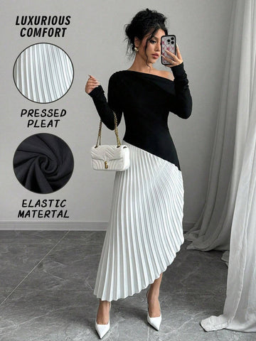 Priv� Elegant Asymmetrical Shoulder Ruffle Long Sleeve Midi Dress