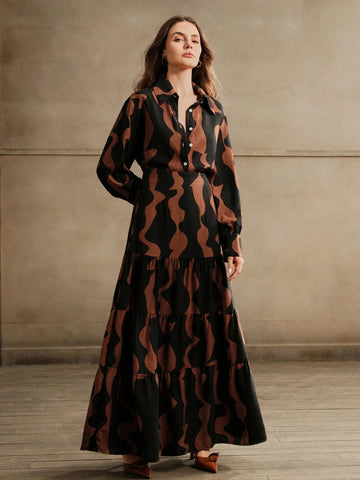 Anewsta Fashionable Geometric Print Coffee Brown Skirt With Personality Splicing And High Waist Design