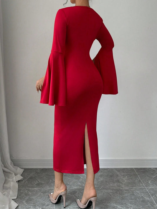 Women Elegant Ruffle Sleeve Side Slit Fitted And Flared Midi Dress