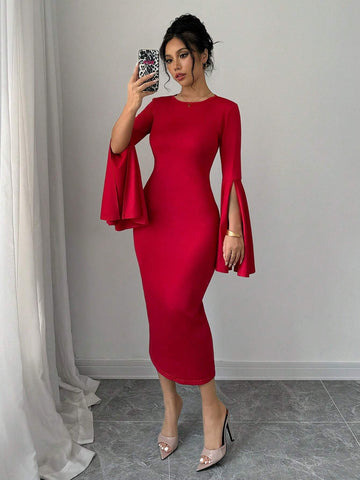 Women Elegant Ruffle Sleeve Side Slit Fitted And Flared Midi Dress