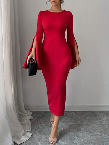 Women Elegant Ruffle Sleeve Side Slit Fitted And Flared Midi Dress