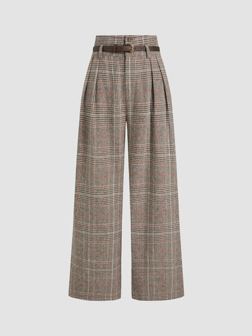 Houndstooth High Waist Belted Wide Leg Trousers