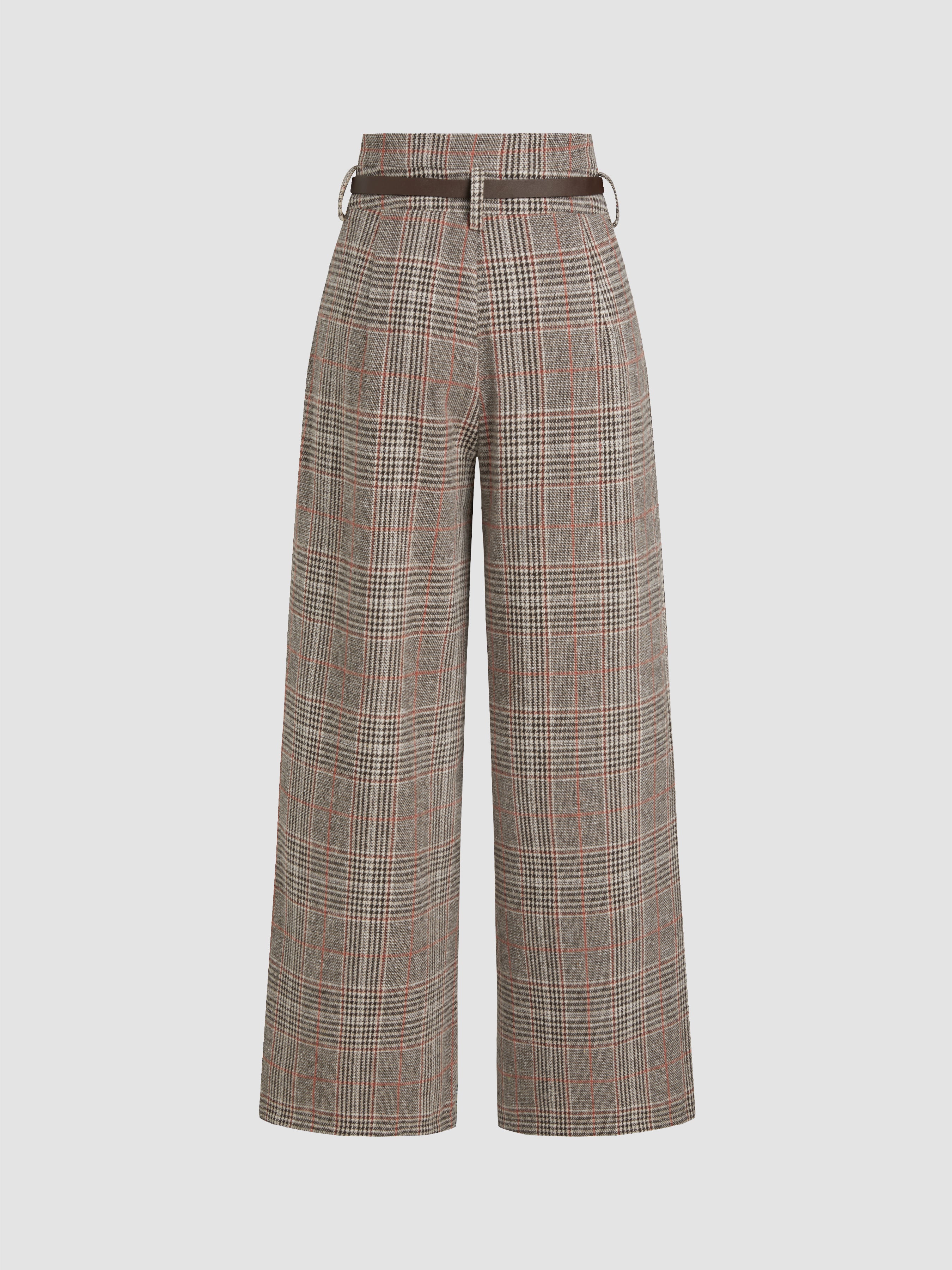 Houndstooth High Waist Belted Wide Leg Trousers