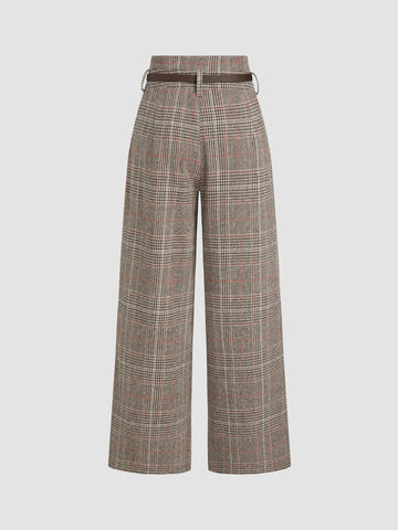 Houndstooth High Waist Belted Wide Leg Trousers