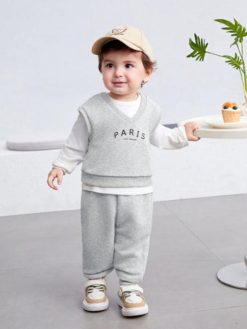 3pcs Set Baby Boy/Girl Letter Print Crew Neck Short Sleeve Top And Solid Color Pants