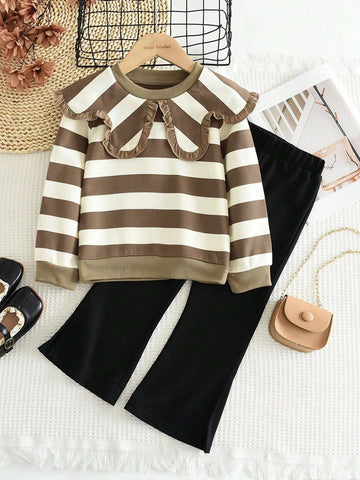 2pcs/set Young Girls' Casual Striped Top With Oversized Collar And Solid Color Flared Pants