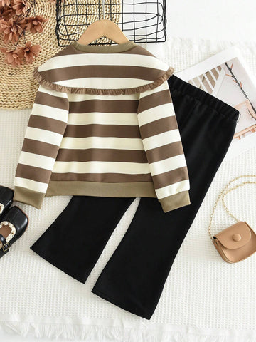 2pcs/set Young Girls' Casual Striped Top With Oversized Collar And Solid Color Flared Pants