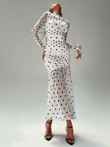 Women's Solid Color Round Neck Slim Fit Fishtail Hem Dress