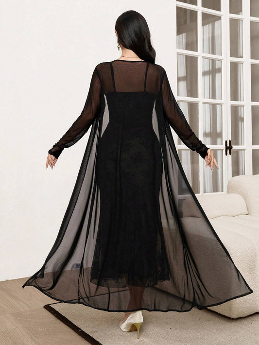 Modely 2pcs/Set Elegant Mesh Jacket And Slip Dress For Women