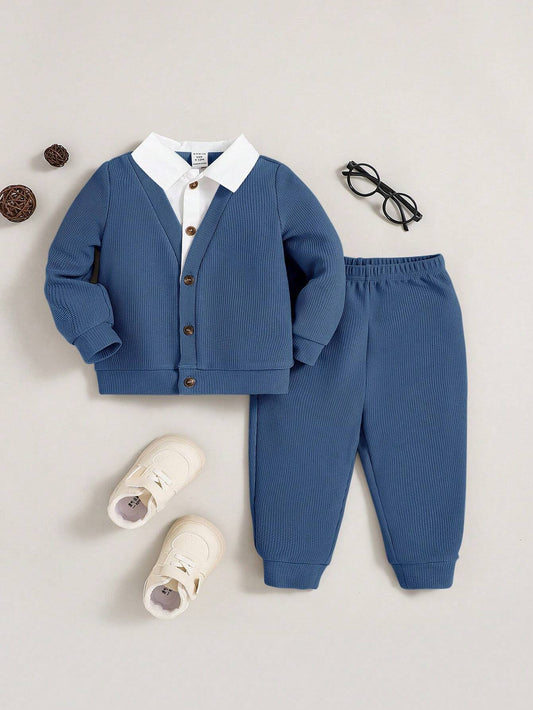 2pcs/Set Casual Knit Splice Lapel Jacket And Pants Suit For Baby Boys