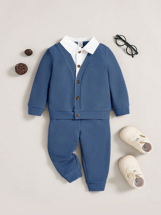 2pcs/Set Casual Knit Splice Lapel Jacket And Pants Suit For Baby Boys