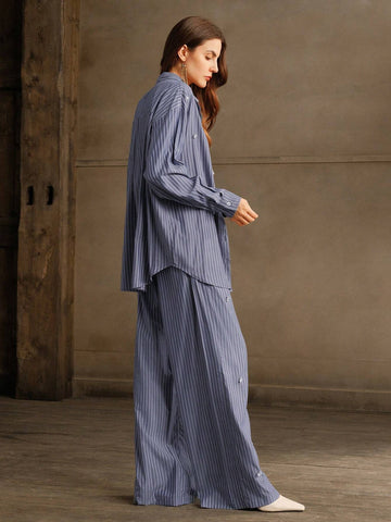 Anewsta 2pcs Chic Casual Office Lady Rhinestone Striped Shirt And Pants Suit Set