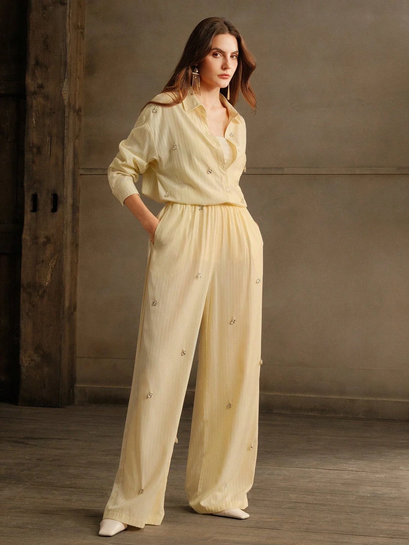 Anewsta 2pcs Chic Casual Office Lady Rhinestone Striped Shirt And Pants Suit Set