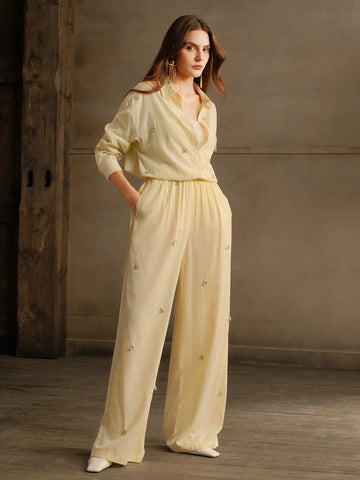 Anewsta 2pcs Chic Casual Office Lady Rhinestone Striped Shirt And Pants Suit Set