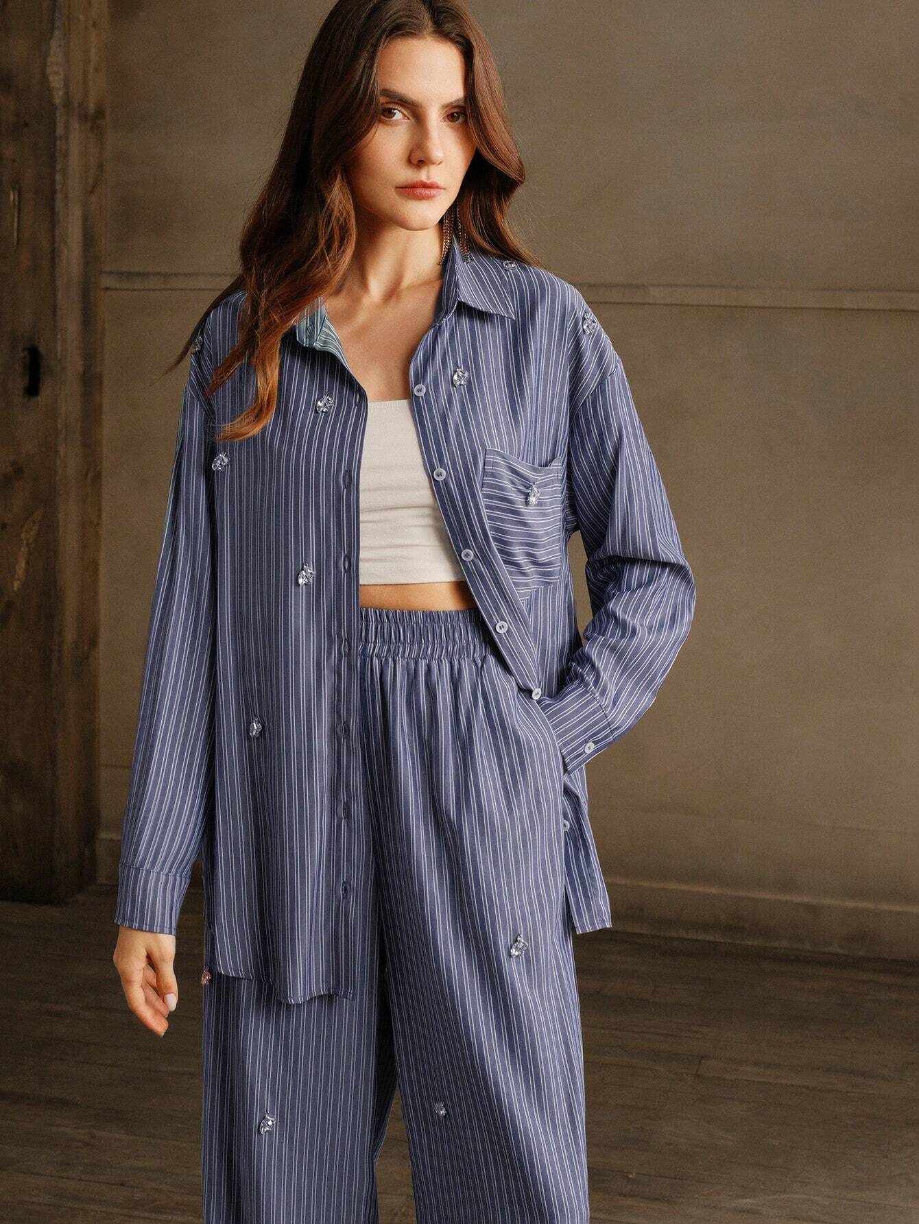 Anewsta 2pcs Chic Casual Office Lady Rhinestone Striped Shirt And Pants Suit Set