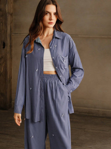 Anewsta 2pcs Chic Casual Office Lady Rhinestone Striped Shirt And Pants Suit Set