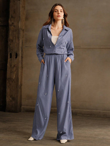Anewsta 2pcs Chic Casual Office Lady Rhinestone Striped Shirt And Pants Suit Set