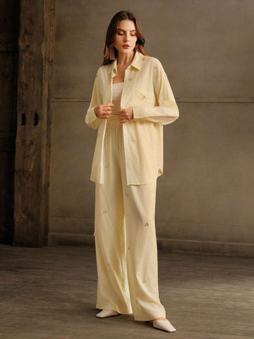Anewsta 2pcs Chic Casual Office Lady Rhinestone Striped Shirt And Pants Suit Set