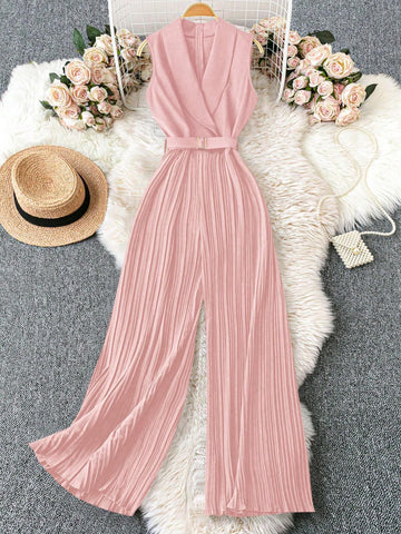 Franclia 1set Apple Collar Sleeveless Waist Belt Pleated Jumpsuit With Straight Leg Pants