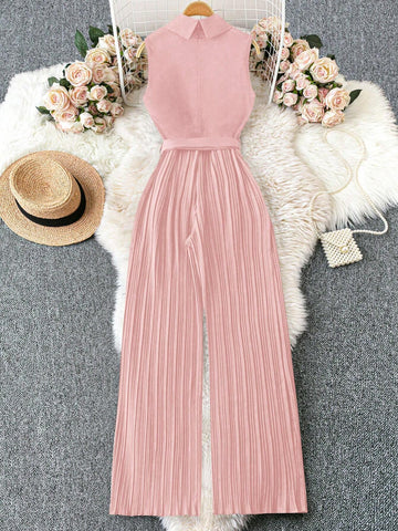 Franclia 1set Apple Collar Sleeveless Waist Belt Pleated Jumpsuit With Straight Leg Pants