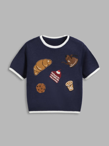 Knit Round Neckline Contrasting Binding Food Graphic Crop Top