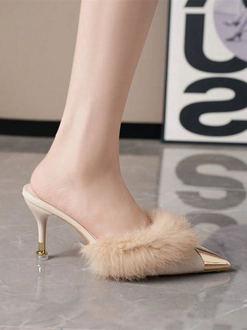 Women's Solid Color High Heel Slide Sandals With Metal Toe Fuzzy Decor