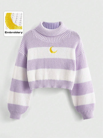 ROMWE Kawaii High Neck Striped Drop Shoulder Sweater With Moon Embroidery