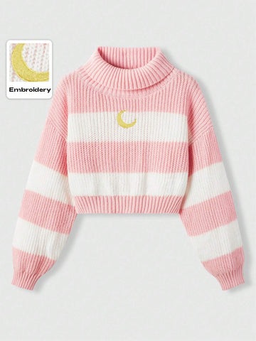 ROMWE Kawaii High Neck Striped Drop Shoulder Sweater With Moon Embroidery