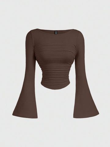 MOD Women's Solid Color Boat Neck Flared Sleeve Waist Ruched Casual T-Shirt