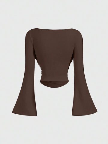 MOD Women's Solid Color Boat Neck Flared Sleeve Waist Ruched Casual T-Shirt