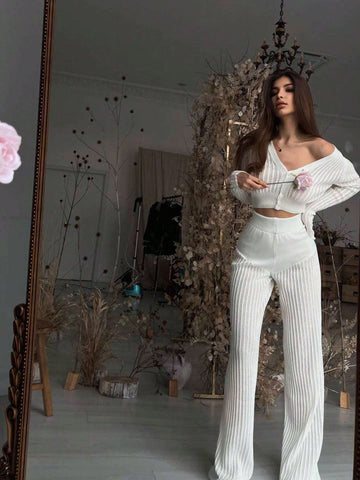 Stylish Knitted Sheer Solid Color Hollow Out Blouse And High Waist Long Pants 2pcs Suit Set