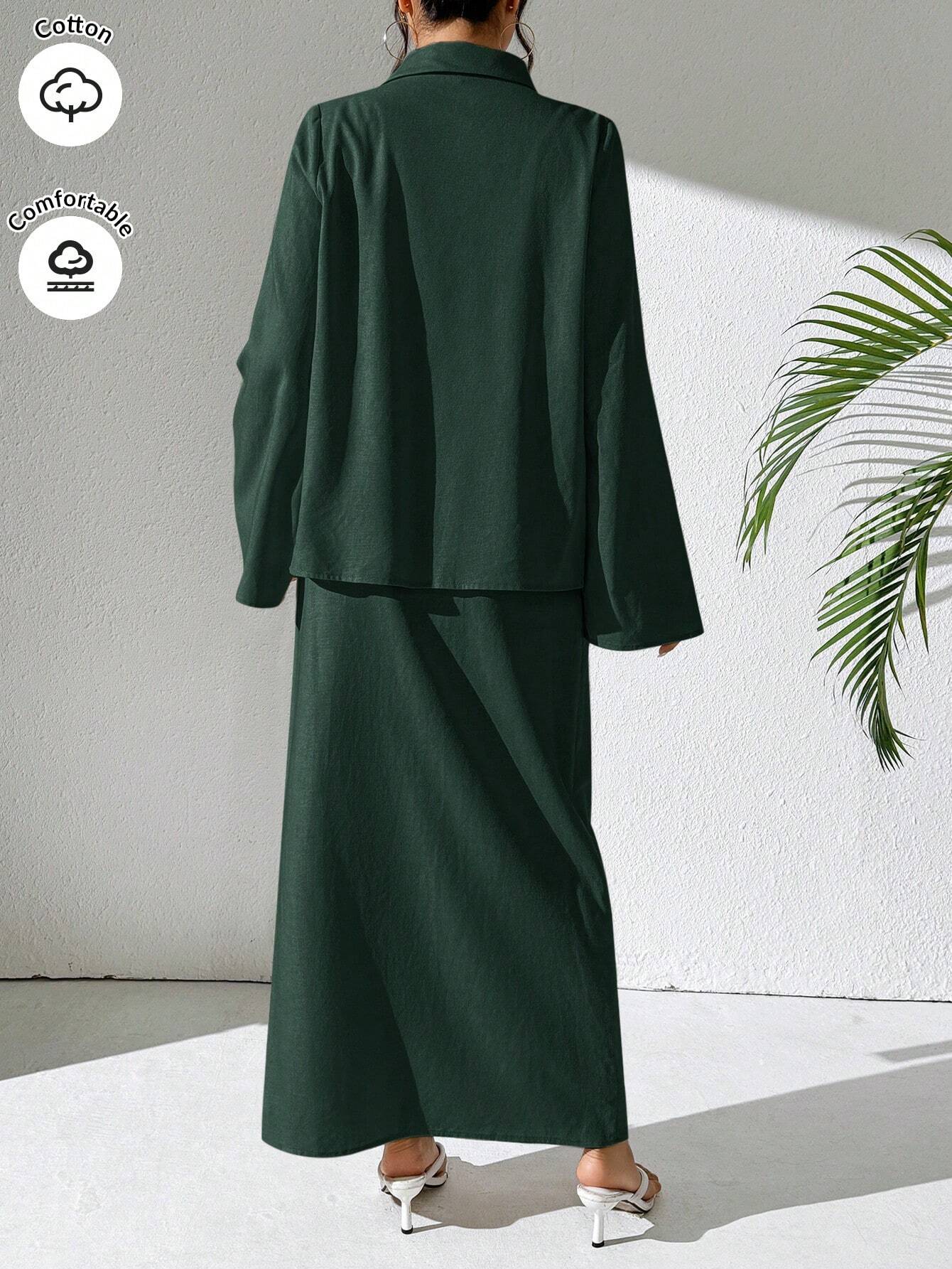 Mulvari Burgundy Red 2pcs Women's Casual Button-Up Shirt And A-Line Skirt Set