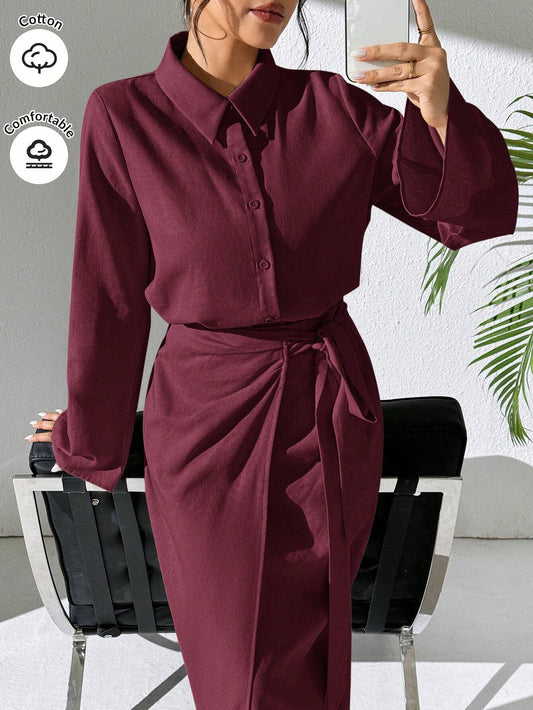 Mulvari Burgundy Red 2pcs Women's Casual Button-Up Shirt And A-Line Skirt Set