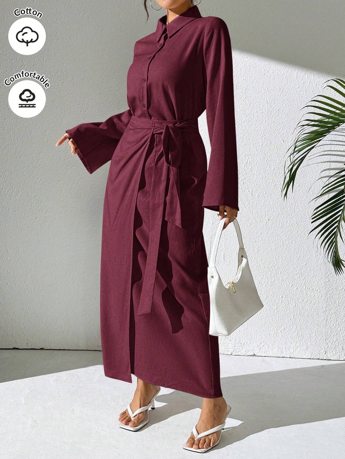 Mulvari Burgundy Red 2pcs Women's Casual Button-Up Shirt And A-Line Skirt Set