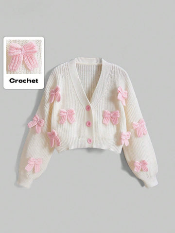 ROMWE Kawaii Women's Pink Three-Dimensional Bow Accessories Cute Girl Minimalist Sexy Cardigan